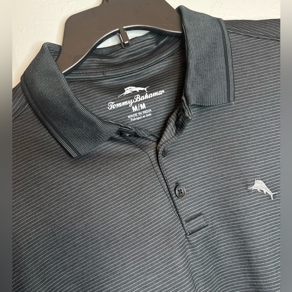 Tommy Bahama Men's Medium Polo Short Sleeve Black Gray Striped Cotton Poly Shirt
